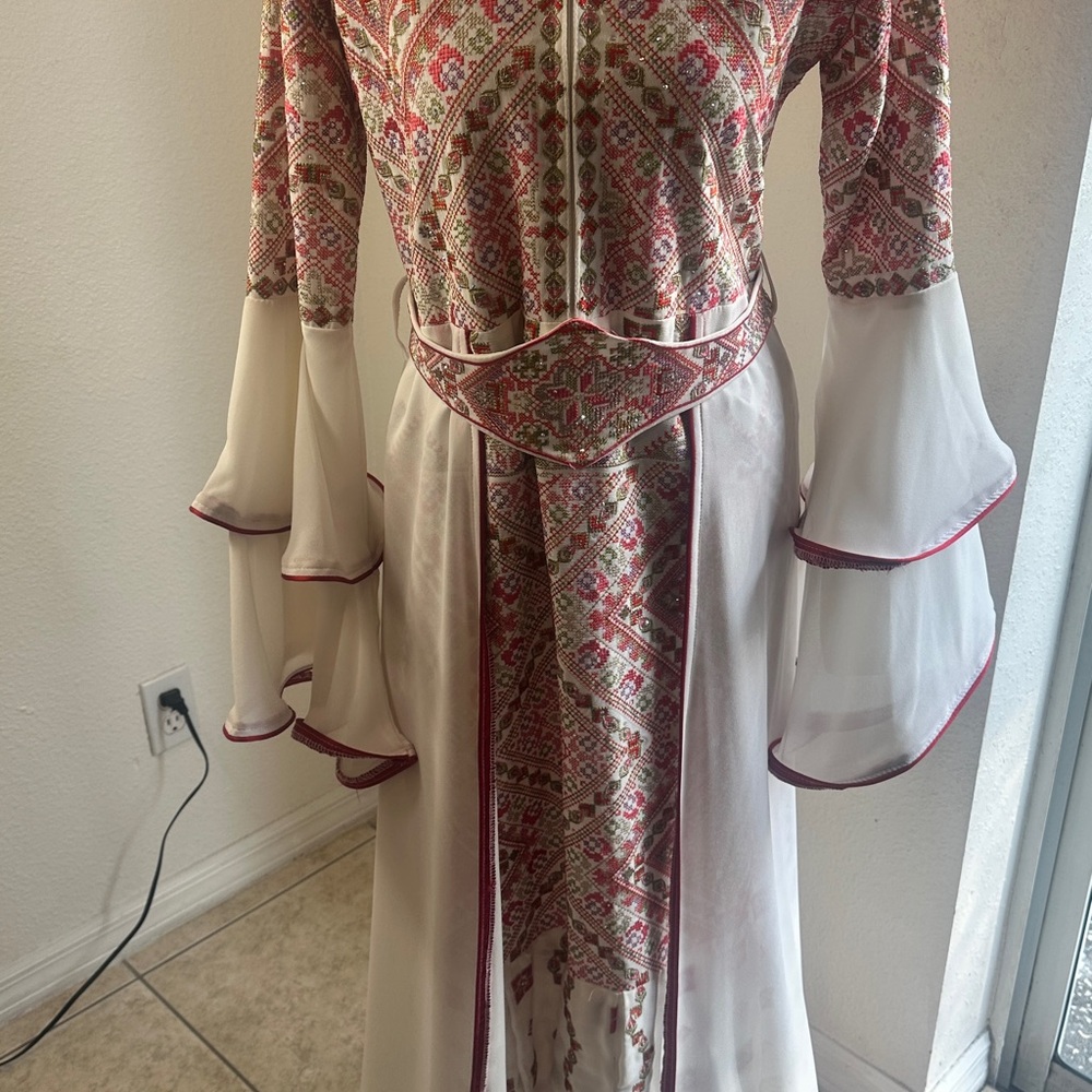 Palestinian Embroidered Cultural Dress Ruffle Red Pink Green Traditional With